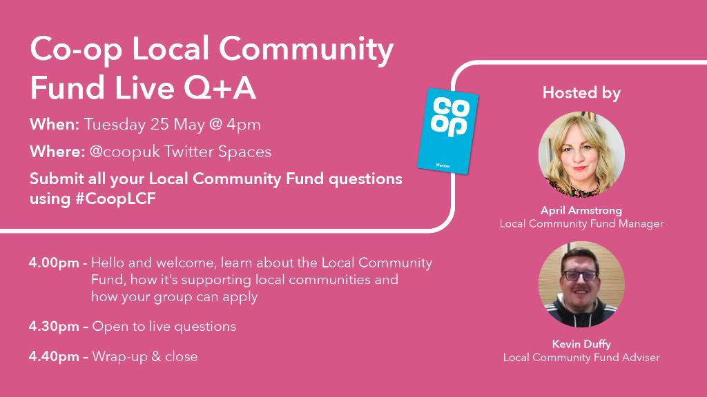 Calling all local causes! 📣

Do you want to learn more about our Local Community Fund, how it can support you and how to apply? 

Tune in to our @TwitterSpaces chat on the 25 May at 4pm where we will be answering your questions before it closes on 30 May 🙌
