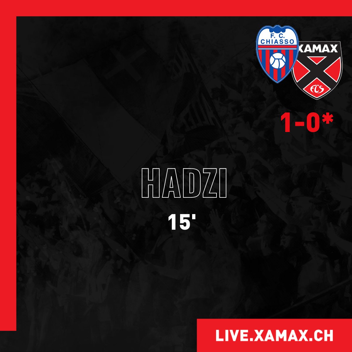 XamaxFCS's tweet photo. 😐 15' Malgré une bonne entame, les Rouge et Noir encaissent l'ouverture du score. Masqué, Walthert ne peut arrêter un tir apparemment anodin signé Hadzi. #CHIXAM 1-0* https://t.co/j2Vb2zMwit