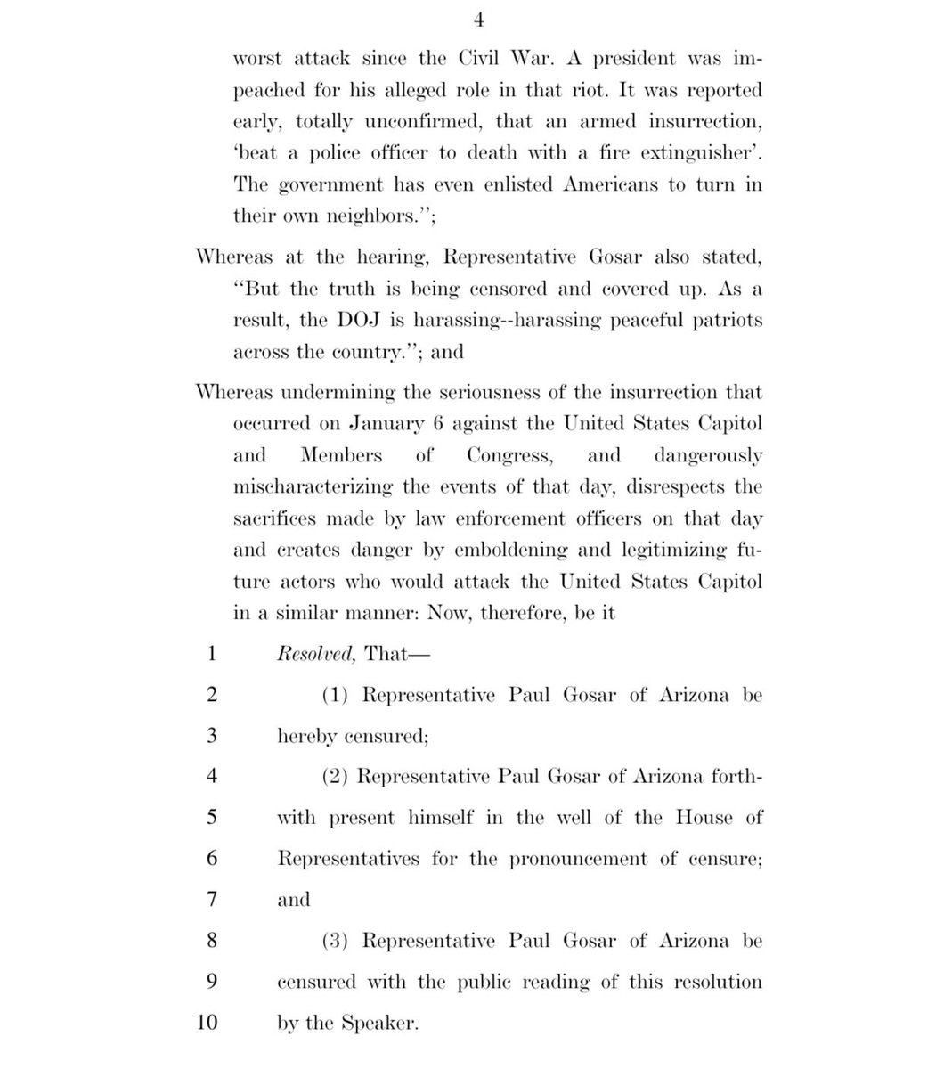 davidcicilline's tweet photo. Here is the resolution I introduced today to censure Rep. Gosar for his attempt last week to rewrite the history of the January 6th Insurrection.

I am also introducing resolutions to censure Reps Hice and Clyde for their efforts to do the same. https://t.co/IhJkPu5sar