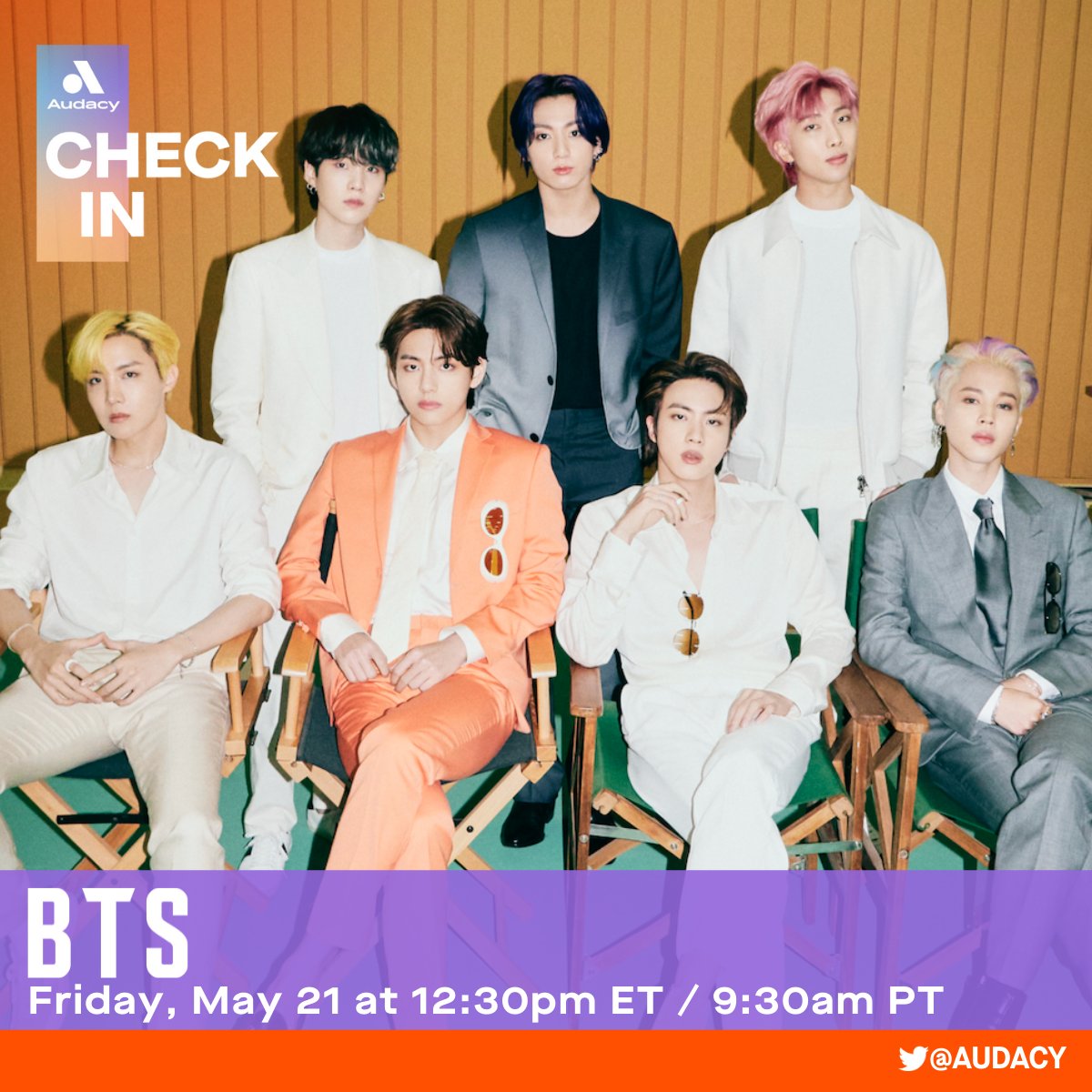 Surprise, #BTSArmy! We have a very exciting #AudacyCheckIn with <a href="/BTS_twt/">방탄소년단</a> to talk all things #Butter! Tune in right here on our Twitter tomorrow at 12:30 PM ET 💜 #BTSxAudacy