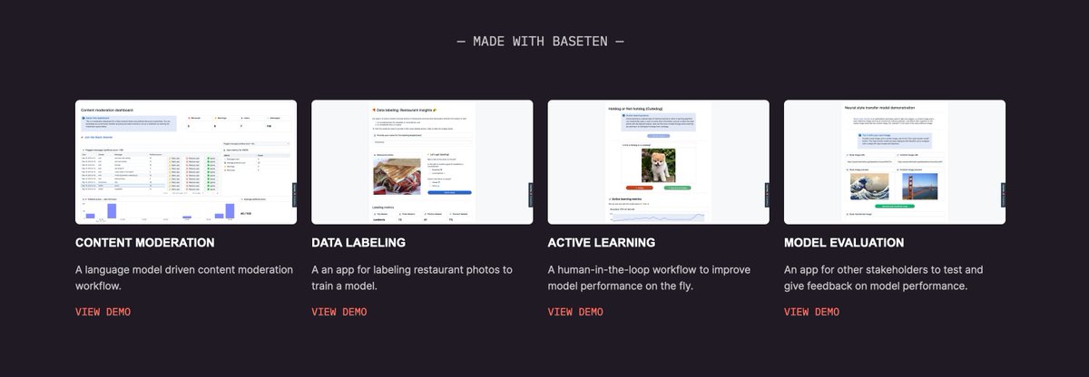 Great convo between <a href="/the_prion/">Jeff Meyerson</a>, <a href="/amiruci/">Amir Haghighat</a> et al.

I like BaseTen, that's what I would imagine near future of deployed ML models will be leaning towards to, given the amount of overhead needed to put together:

- hosting a model
- integrating other types of logic
- usable interface