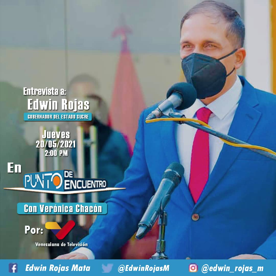 Nuestro líder Gobernador del estado Sucre, Edwin Rojas está #ALAIRE por VTV en el programa Punto de Encuentro, conducido por la periodista Verónica Chacón. 

<a href="/NicolasMaduro/">Nicolás Maduro</a> <a href="/EdwinRojasM/">Edwin R</a> 
<a href="/VTVcanal8/">VTV CANAL 8</a> 
 #LiberenALosPatriotas