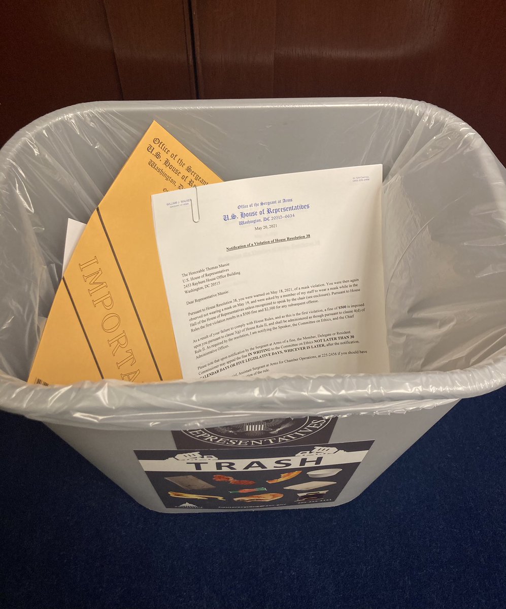 RepThomasMassie's tweet photo. .@SpeakerPelosi sent me another letter. Something about violating her tyrannical and unscientific mask rule. I filed this one in the same location. https://t.co/Ia67NDJuV5