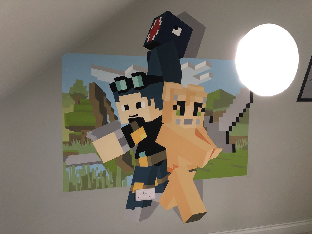 Karl_kdh's tweet photo. Mural painted up @Minecraft design but with added @iBallisticSquid @dantdm and @stampylongnose one happy little boy in his new room 🤙#art #artist #mural #bedroomdecor #iballisticsquid #dantdm #stampycat https://t.co/r6lH1ac8fs