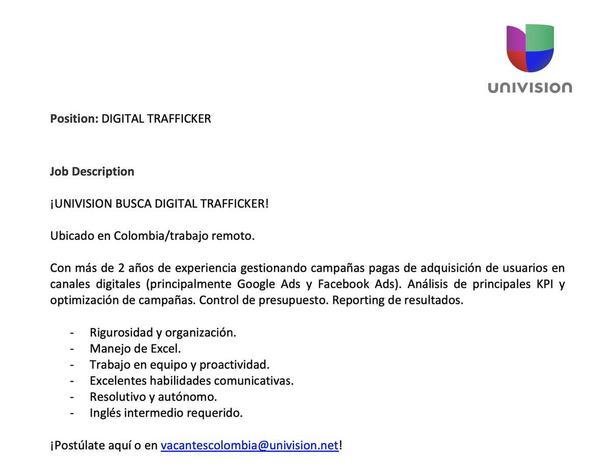 HRestrepo's tweet image. #TrabajoSíHay en la oficina de Univision en Colombia. Estamos buscando #DigitalTraficker.
