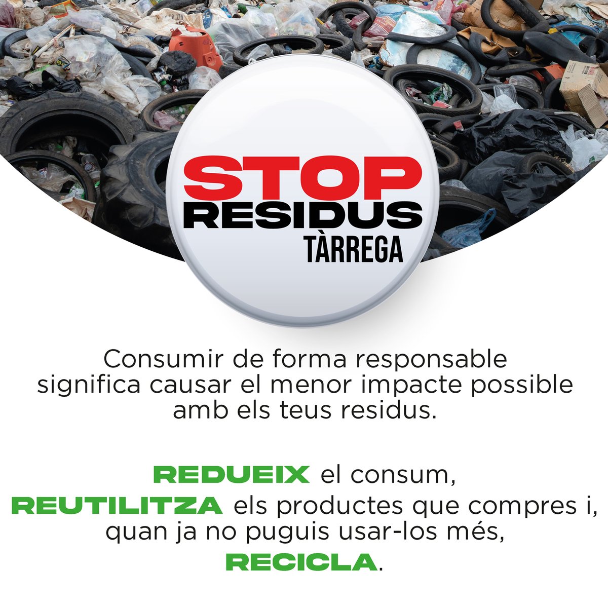GEMAtarrega's tweet image. 🚨STOP RESIDUS TÀRREGA🚨
♻️La ciutat de Tàrrega serà la protagonista de la nova campanya ecologista i mediambiental que té com a objectiu principal la reducció de la generació de residus. 📍 Participa del 22 de maig al 5 de juny! 
#STOPresidusTàrrega
#redueix #reutilitza #recicla