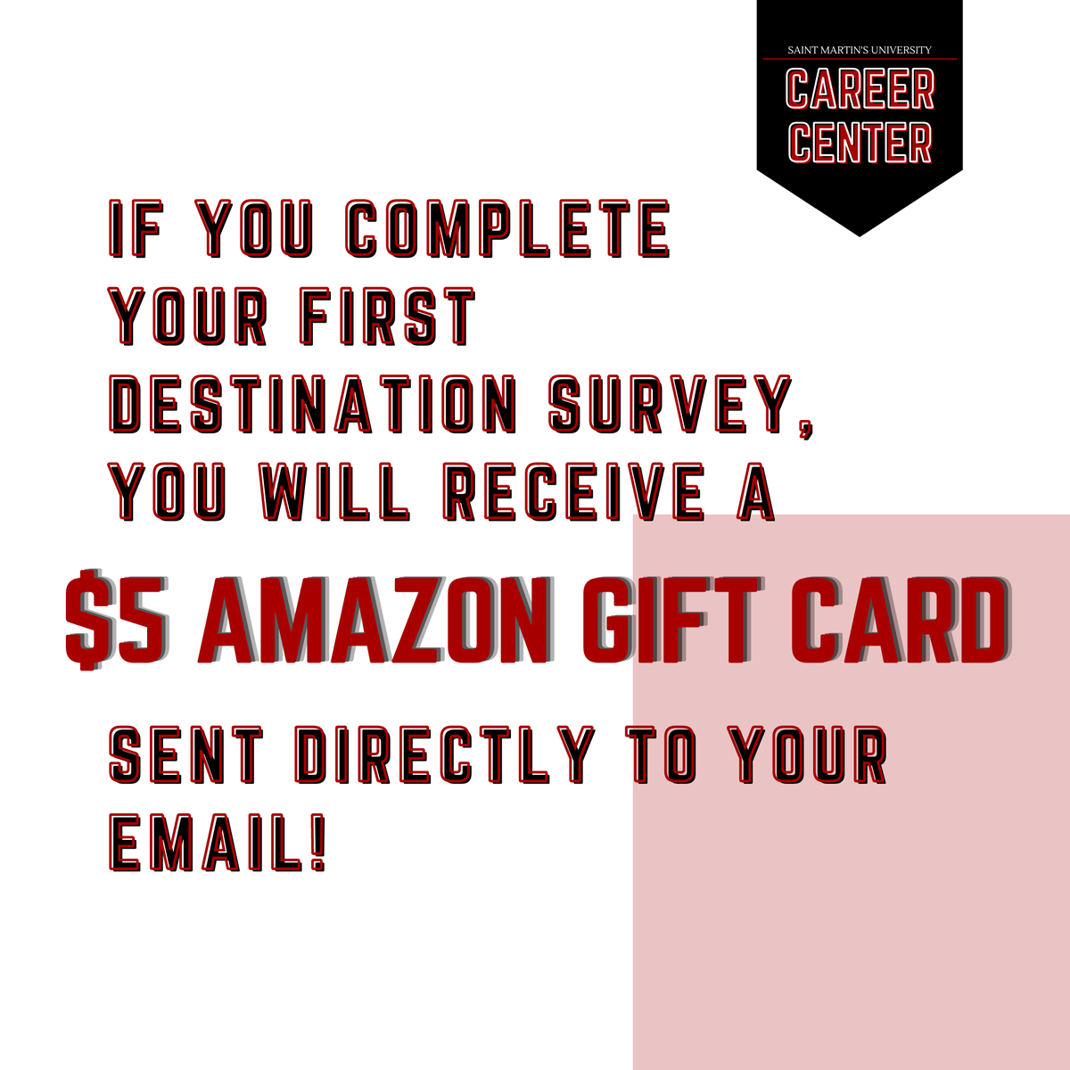 SMUCareerCenter's tweet photo. Attention May 2021 Grads: Earn a $5 Amazon Gift Card when you complete your First Destination Survey! 

Click the link in our bio to get your gift card sent directly to your email. https://t.co/UHjLGop2tH