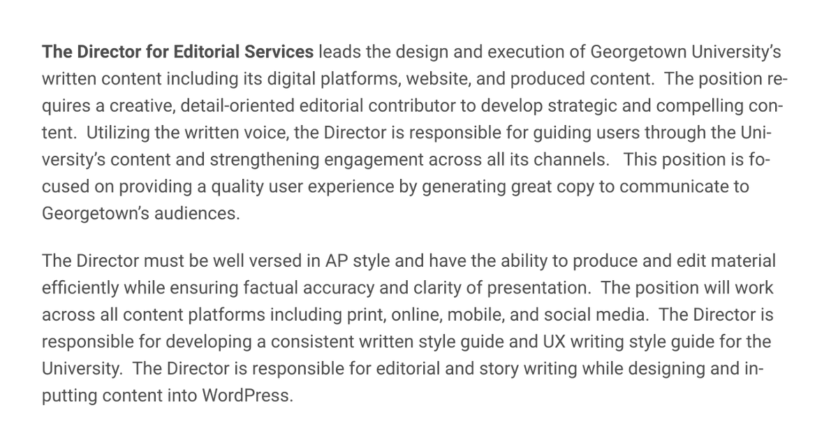 one more creative communications role for a writer/storyteller (esp. for those from underrepresented backgrounds) posted at Georgetown i wanted to share:

📝 editorial director: j.mp/3f4UKJj #hireahoya 

more #georgetownatwork job postings at: hr.georgetown.edu