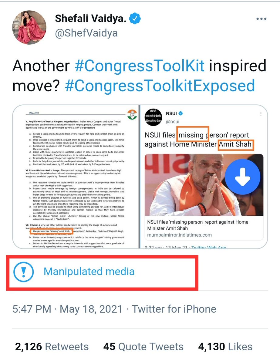 zoo_bear's tweet photo. Even @ShefVaidya's tweet is marked as "Manipulated Media". Thank you @MomentsIndia @TwitterMoments ❤️ #AltNewsImpact https://t.co/IeLfKSSyRw