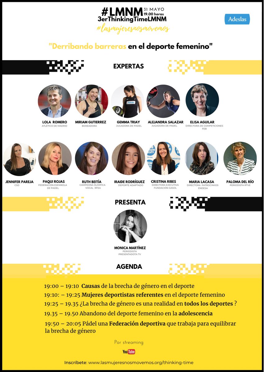 Desde #lasmujerenosmosmovemos este 31 de mayo te invitamos a nuestro #3ThinkingTime “DERRIBANDO BARRERAS EN EL DEPORTE FEMENINO”.

🤔 ¿Cómo puedes Inscribirte? A través del formulario en nuestra web hhttps://lasmujeresnosmovemos.org/thinking-time/