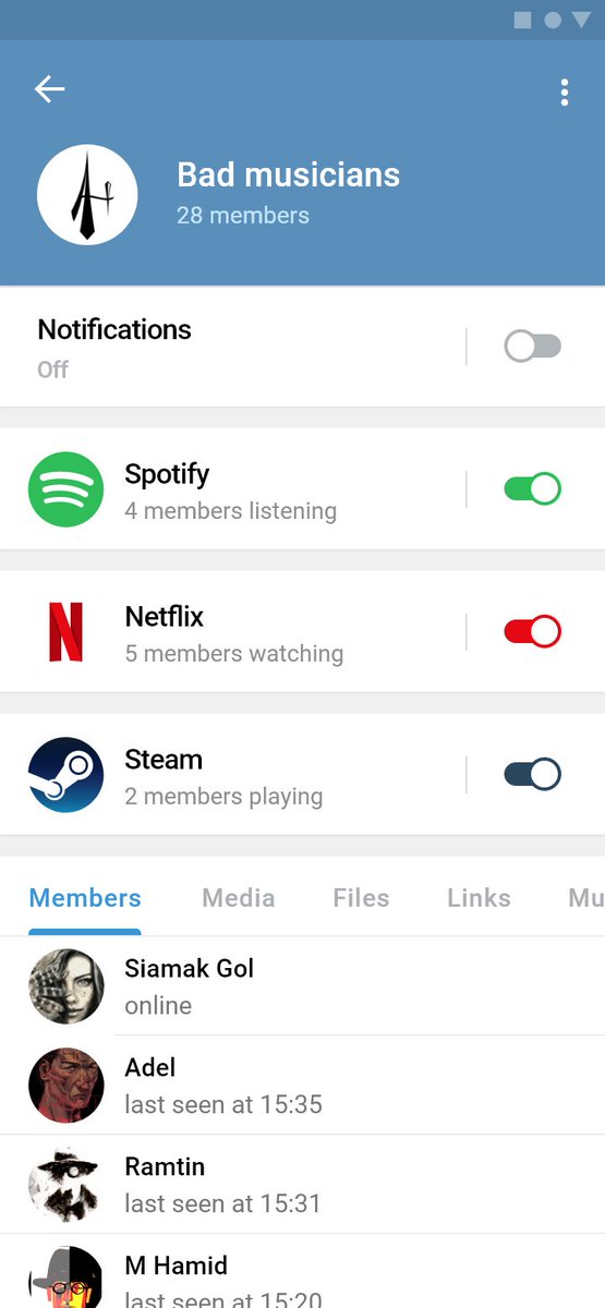 Papco11's tweet photo. Share what you are listening to on Spotify and what you're watching on Netflix with other group members by linking your accounts with Telegram! 
You can watch movies together and listen to the same songs and even see what you groupmates are playing on steam.
@telegram @durov https://t.co/KzKDeTwyZU