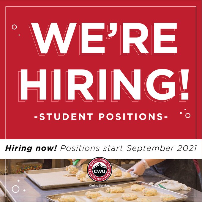 Dining Services is looking to hire student employees for the 2021-2022 academic year. Find more information and apply through your myCWU account by searching “Dining Services” in the on-campus student employment opportunities. #CWU #CWUJobs #CWUDining
