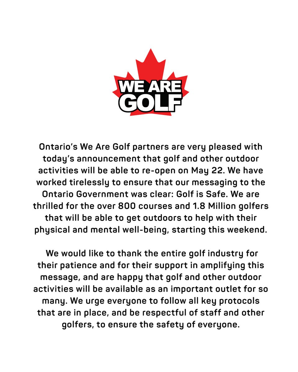 Great News for Golf in Ontario! 🏌️‍♀️🏌️‍♂️⛳️
<a href="/ON_Branch_PD/">CMAC Ontario Branch</a> @CSCManagers <a href="/TheGolfOntario/">Golf Ontario</a> <a href="/pgaofcanada/">PGA of Canada</a> <a href="/ngcoacanada/">NGCOA Canada</a> <a href="/OntarioGSA/">OGSA</a> <a href="/GolfCanada/">Golf Canada</a>