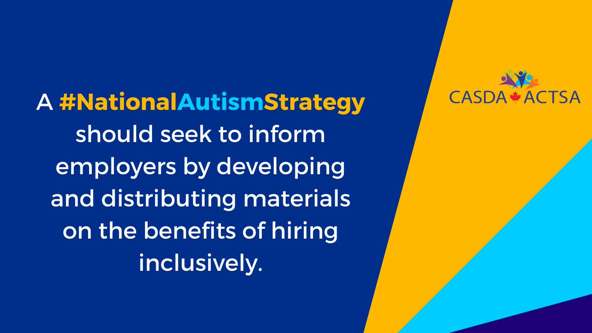 AllianceAutism's tweet image. Workplace culture can have a large impact on employment outcomes for Autistic people. 

A #NationalAutismStrategy should seek to inform employers by developing and distributing materials on the benefits of inclusive hiring.

Visit:
theinclusiveworkplace.ca
casda.ca/policy-compend…