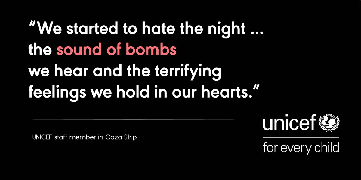 UNICEFpalestine's tweet image. .@UNICEF staff on the ground are working to meet the urgent needs of children and families in the #Gaza_Strip

However, our staff also have to find the strength to protect their own #children and family. Gaza is so small, nowhere is safe. #ForEveryChild 

These are their words:
