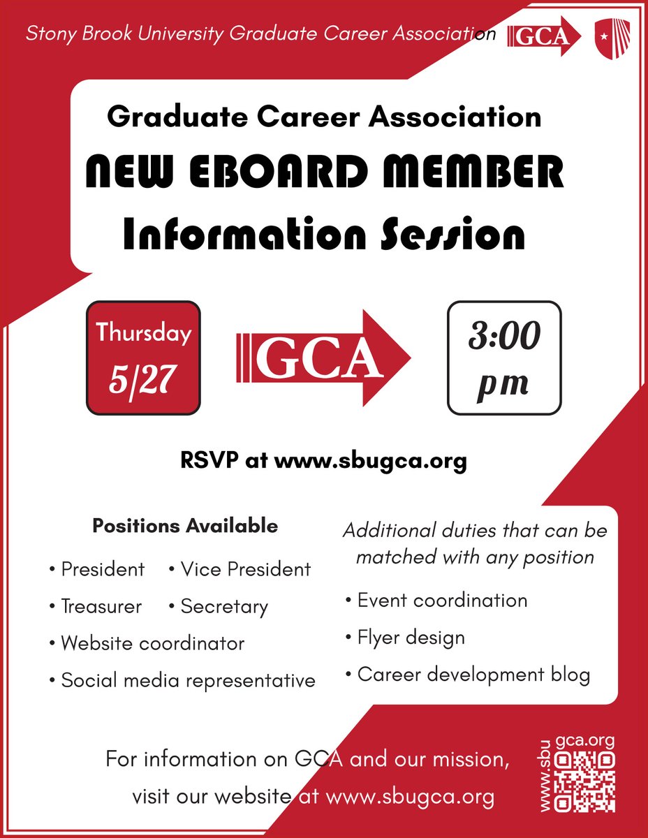 SBU_GCA's tweet image. Interested in learning more about your career options post-graduation? Want to meet new people outside of your major? Would love to become more involved with campus events? Come to our upcoming GCA informational session! For more details, RSVP here!
forms.gle/Cp9ENBbi671n8J…