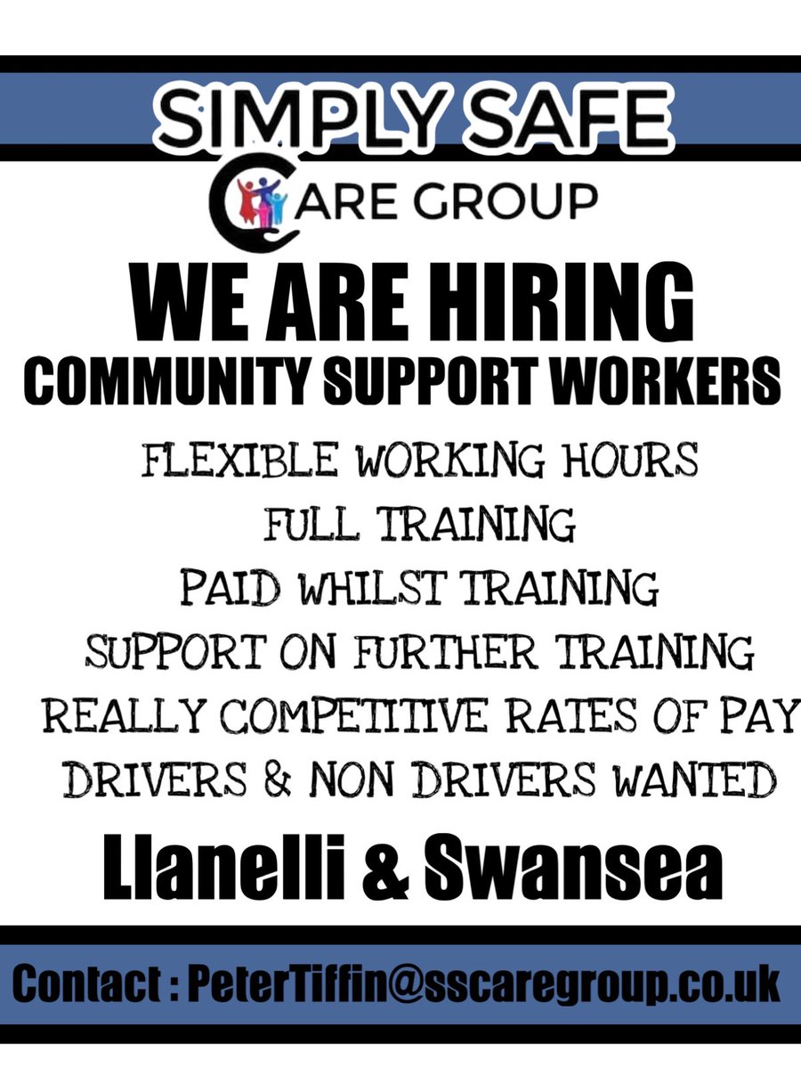 care_simply's tweet photo. 🚨🚨NEW JOB OPPORTUNITIES AVAILABLE🚨🚨

Simply Safe Care Group are looking for full time or part time / drivers or non drivers in the Llanelli &amp; Swansea area.

📧📲 APPLY TODAY 📧📲 https://t.co/g1zXDEpg8P