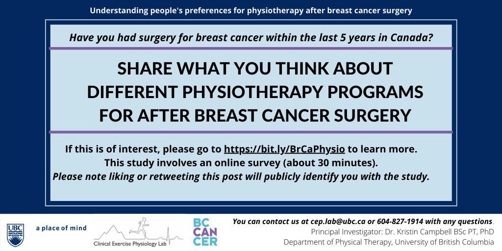 WellnessLabUofC's tweet image. Share what you think about different physiotherapy programs for after breast cancer surgery. 

This study involves a 30-minute online survey. 3 participants will be randomly chosen to win a $50 Indigo gift card. If interested, please go to bit.ly/BrCaPhysio to learn more.