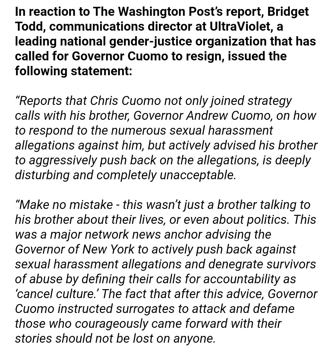 justinbaragona's tweet image. Women&apos;s group UltraViolet calls on CNN to immediately suspend Chris Cuomo and launch an immediate investigation into his involvement in his brother&apos;s effort to dismiss sexual harassment allegations.