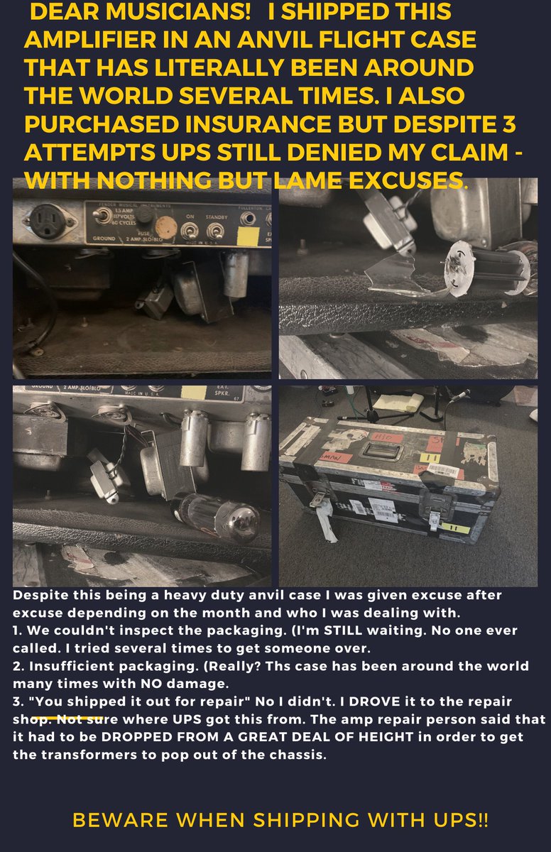 ShaneTheriot's tweet photo. Beyond disappointed in UPS "customer service". Nothing but excuses and UPS will NOT take responsibility for damaging an amplifier- on top of that I bought the insurance and they still refuse to honor it. Please share and musicians be warned. Never using again #UPS #UPSsucks https://t.co/EyKsO97hD4