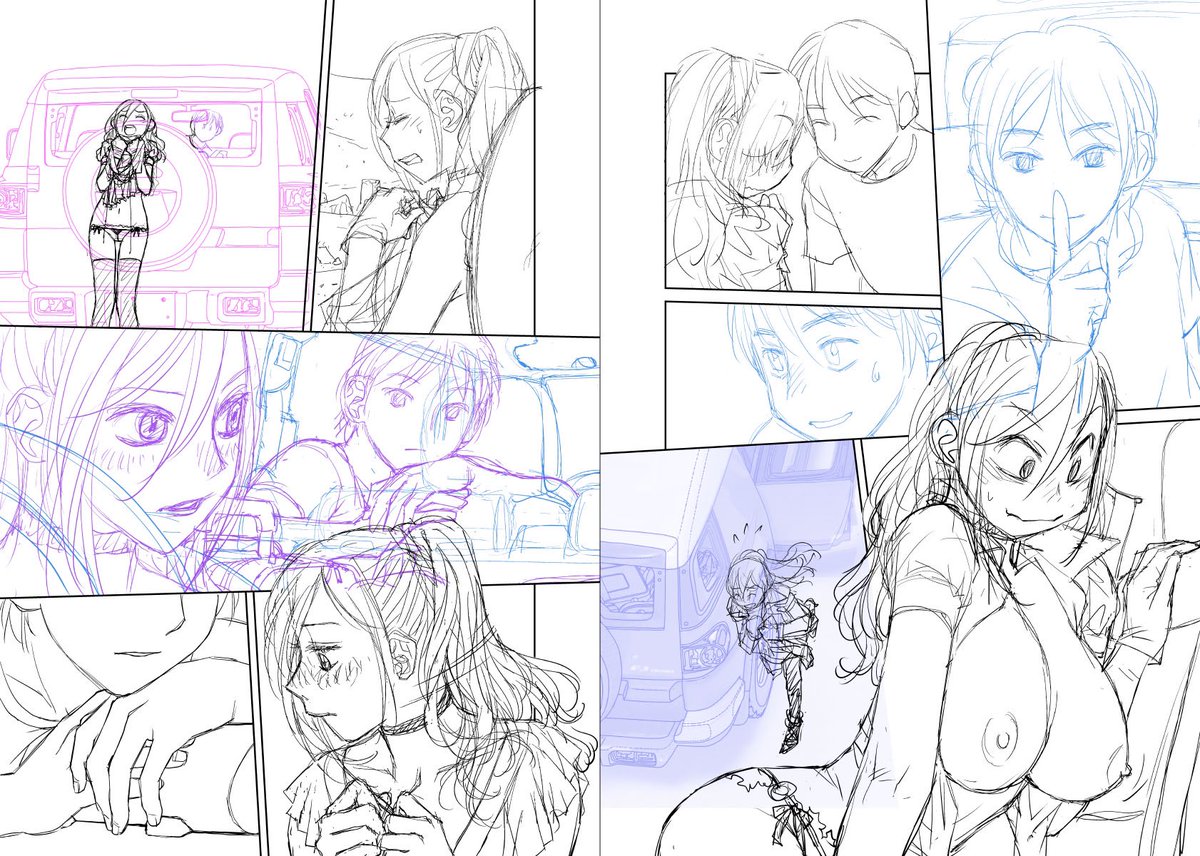 見開き単位で作業してた連載の下描き台詞フキダシ擬音無しバージョン…46↓

それまでフォトショで描いてたネームや下描きをレイヤー毎に簡単に色を充てられるクリスタで描いてみた下絵です
でもまだフォトショのインターフェイスの使い勝手には届かず、この一話だけでフォトショに戻ってしまいました 