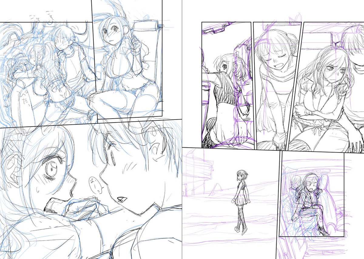 見開き単位で作業してた連載の下描き台詞フキダシ擬音無しバージョン…46↓

それまでフォトショで描いてたネームや下描きをレイヤー毎に簡単に色を充てられるクリスタで描いてみた下絵です
でもまだフォトショのインターフェイスの使い勝手には届かず、この一話だけでフォトショに戻ってしまいました 