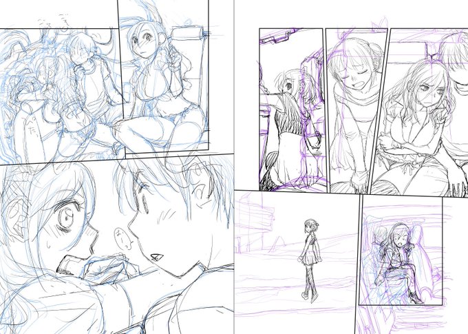 見開き単位で作業してた連載の下描き台詞フキダシ擬音無しバージョン…46↓

それまでフォトショで描いてたネームや下描きをレイヤー毎に簡単に色を充てられるクリスタで描いてみた下絵です
でもまだフォトショのインターフェイスの使い勝手には届かず、この一話だけでフォトショに戻ってしまいました 