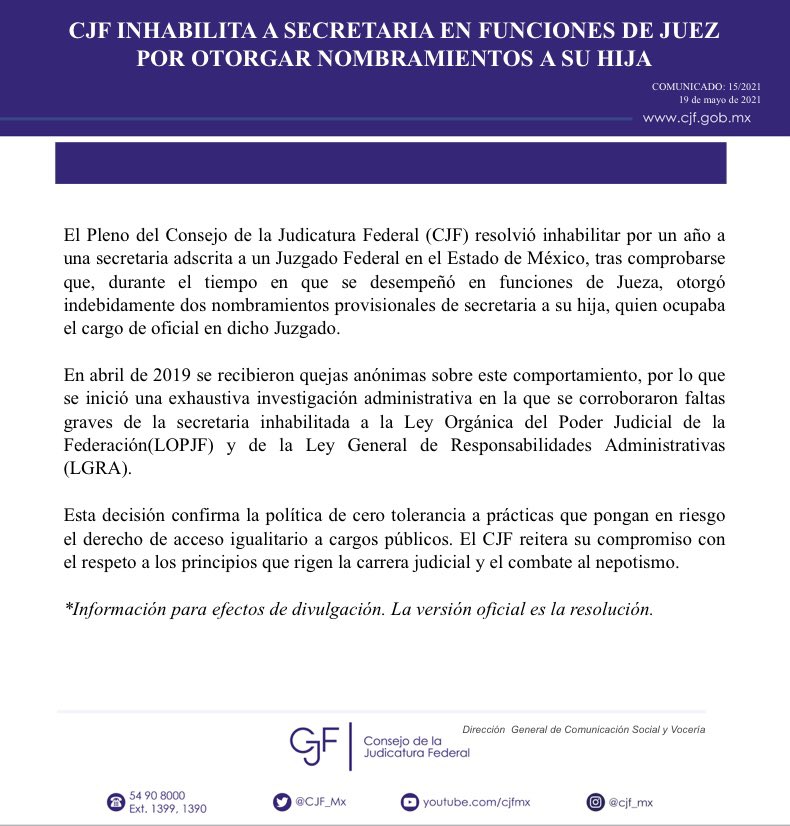 #Comunicado Se inhabilita a secretaria en funciones de Jueza por otorgar un nombramiento indebido a su hija. 

El CJF reafirma su compromiso en contra del nepotismo. 

El acceso al servicio público en el PJF  deberá ser siempre igualitario y con base en méritos profesionales.