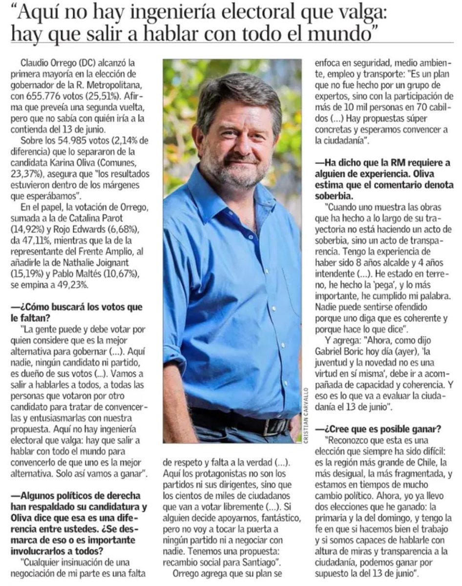 Orrego's tweet photo. Nosotros queremos convencer a toda la ciudadanía con una propuesta sólida y participativa de Región Justa, Verde y Segura. Cualquier insinuación de que vamos a negociar votos para la 2da vuelta es una mentira. https://t.co/d7pEKUHcMU