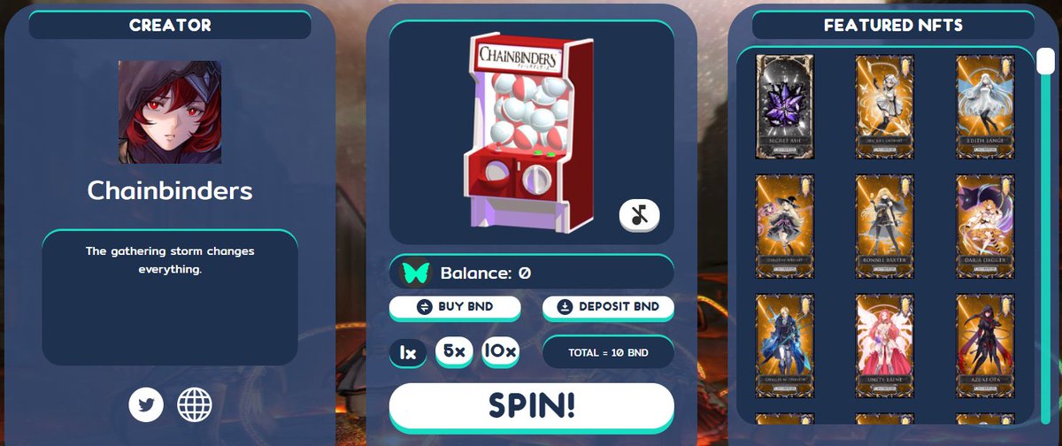 chainbinders's tweet image. The #Chainbinders gacha has burned approximately 27% of all available $BND in just over 24 hours.

$BND is designed to be hyper-deflationary; the circulating supply will reach 0 as more users roll the gacha to win $ETH-backed #NFTs!

Roll here: degacha.com/machines
