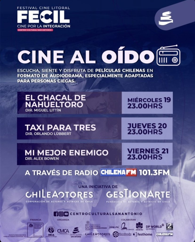 Chileactores's tweet photo. Continúa nuestro Cine al Oído en el Festival de Cine Litoral (FECIL) del @CentroCulturaSA. Esta noche, a las 23:00 horas, se transmitirá la versión audiodrama de “Taxi para tres” por Radio Chilena @canal2tvchile (101.3 FM de San Antonio) #cineinclusivo #Fecil https://t.co/5utOXg9twj