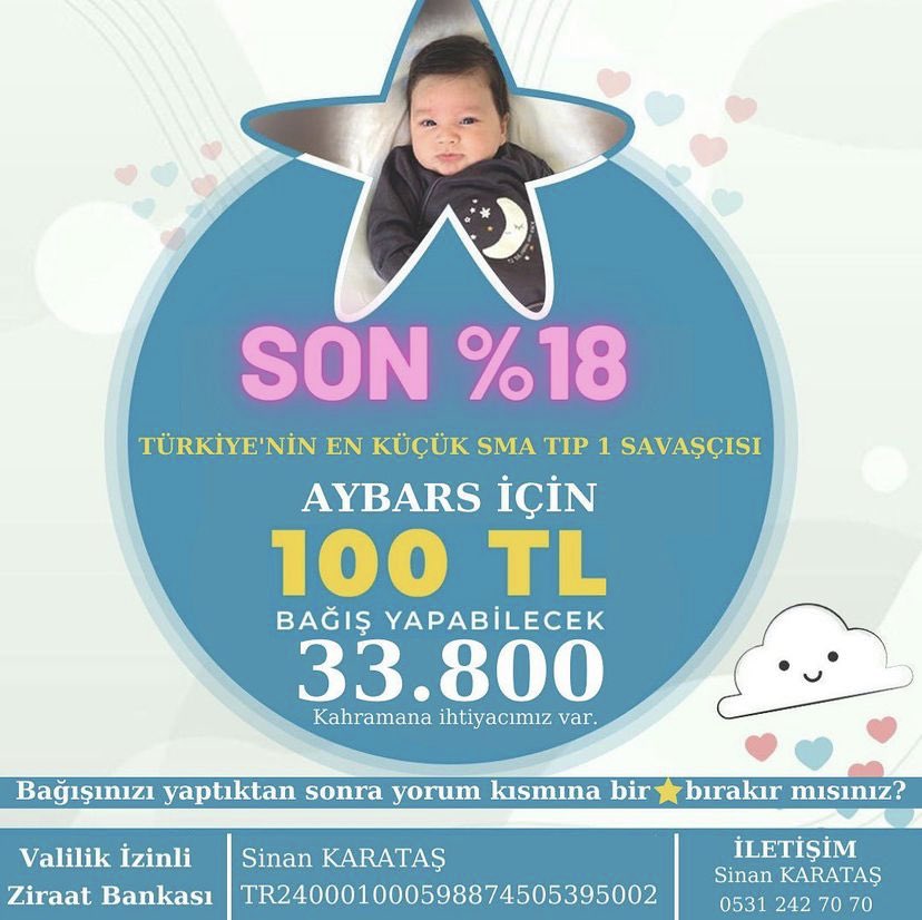 Minik Aybars’ın Tedavisi İçin Son %18

3,5 Aylık Minik Aybars’ın ABD’deki Tedavisi İçin 2 Milyon 251 Bin Dolar Gerekli, Bunun 1 Milyon 846 Bin’i Toplandı. Az Çok Demeden Aybars İçin Yardımda Bulunalım

Valilik İzinli
TR24 0001 0005 9887 4505 3950 02
Sinan KARATAŞ
Ziraat Bankası