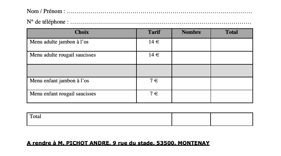En cette période de déconfinement, nous vous proposons un repas à emporter le 19 juin 2021. 👨‍🍳
Alors que vous allez peu à peu retrouver vos amis, vos proches... Invitez-les sans vous soucier de la partie cuisine !!!! 😄
C'est ouvert à tous !! profitez-en ! 🥳
Les détails :👇