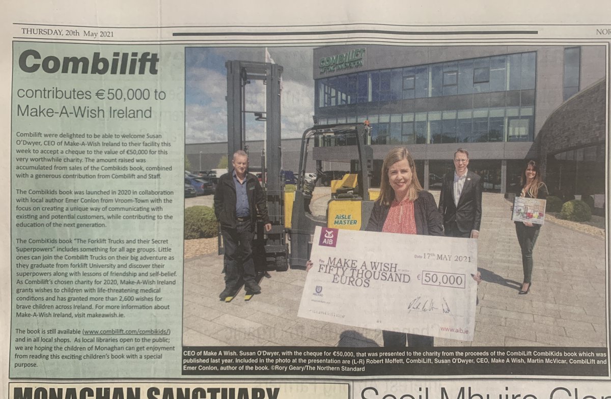 VroomTownBooks's tweet photo. This week’s Northern Standard newspaper has a lovely piece about @Combilift's incredible and generous donation of €50,000 to Make-A-Wish Ireland - a truly fantastic amount of money for an amazing charity!  The exciting CombiKids book is available here: https://t.co/soGwauf44v https://t.co/2nujta2eiS