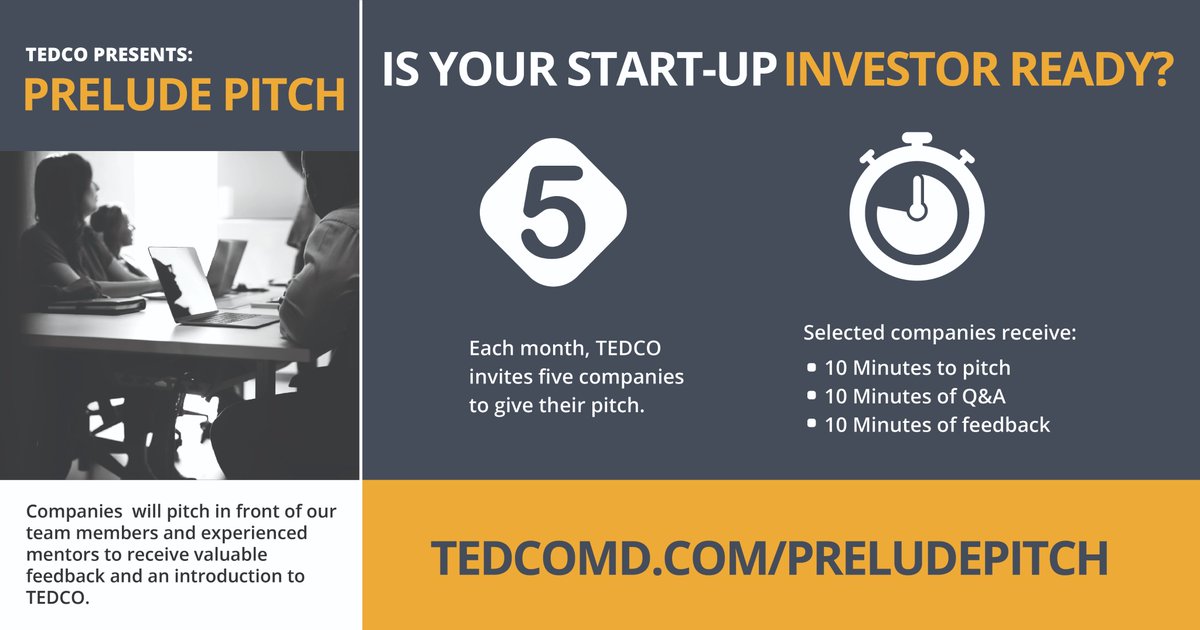 MDTEDCO's tweet image. Are you an entrepreneur looking to practice your pitch? Contact us at pitch@tedco.md to participate in a Prelude Pitch!
Learn more at tedcomd.com/prelude-pitch

#preludepitch #pitch #startup #entrepreneur #mdtedco #maryland #innovationecosystem
@MDTEDCO