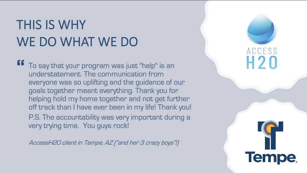 Thank you #CityofTempe Utilities for partnering with us to help this family! If you know anyone experiencing financial hardship and needs help paying off their water debt, please direct them to our website AccessH2O.Org. #waterdebt #utilities #wateraffordability