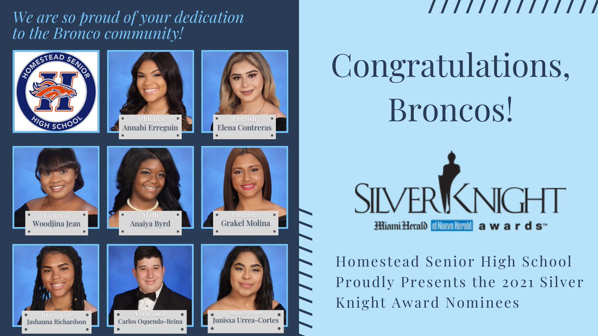 ms_grussmark's tweet photo. Congrats to all Silver Knight Nominees honored at the @MiamiHerald @elnuevoherald 2021 Silver Knight Award Ceremony. We’re so proud of all our outstanding Broncos! Special shout-out to Elena Contreras for her honorable mention in the English Category! #broncopride https://t.co/42HSkRsTQL