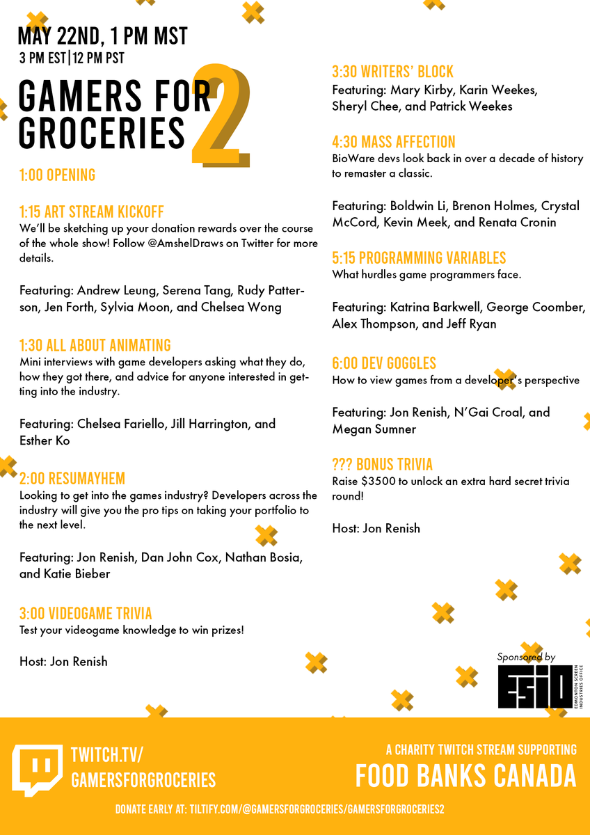 BoldwinLi's tweet photo. Join us May 22 at 1pm MST for our next Gamers for Groceries stream, where we'll be raising money for @foodbankscanada!  We'll have a bunch of fun panels, some trivia segments, and sketch artists doing renditions of your D&amp;D characters!  Thanks to @EdmontonScreen for sponsoring! https://t.co/5flsQoC8gC
