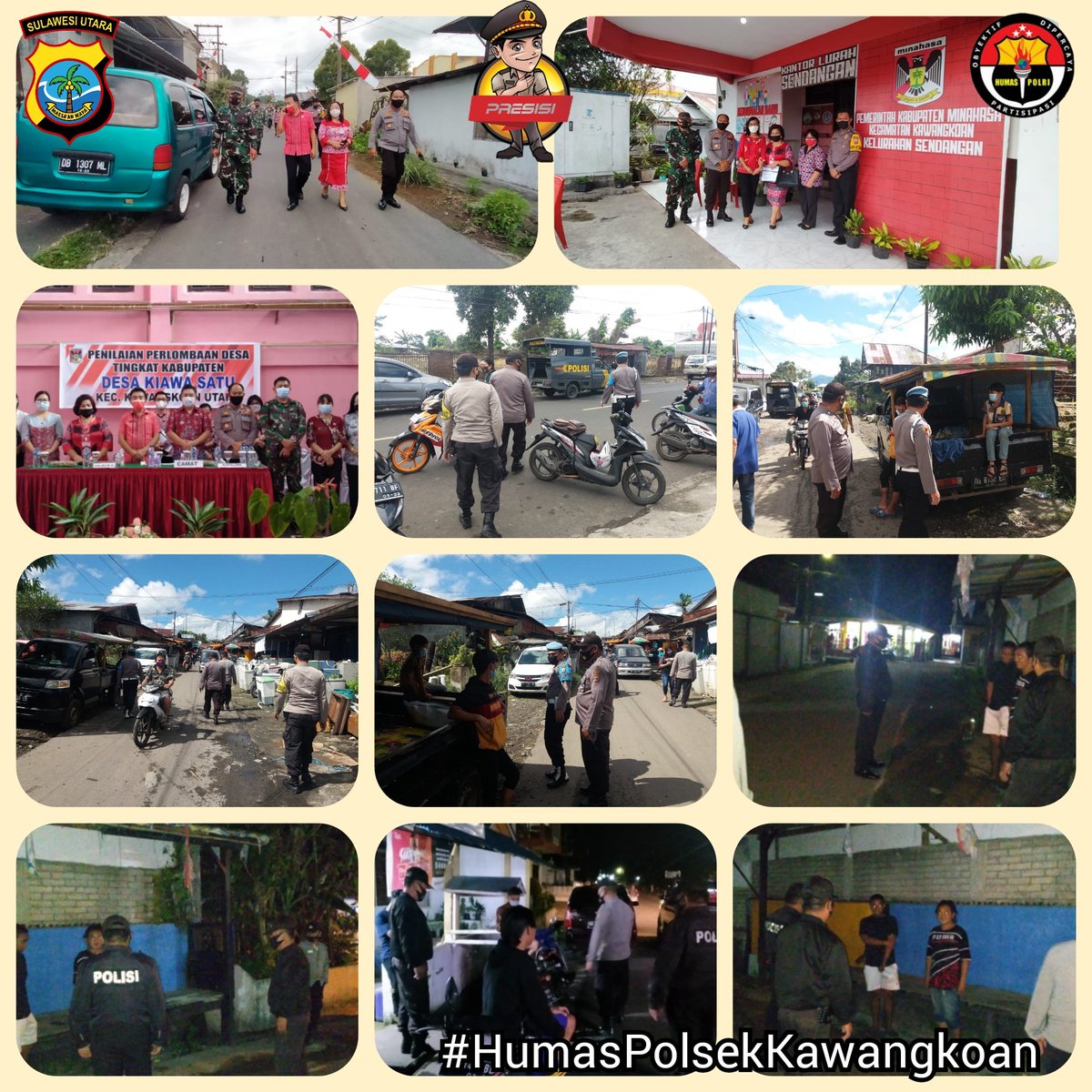 PolsekKawangko1's tweet photo. Hadiri pelaksanaan lomba Desa di Kec.Kawangkoan,Kawangkoan Utara KAPolsek Kawangkoan AKP Stenly Korua bersma anggota bhabinkamtibmas dan anggota jaga juga lakukan patroli Cipkon Kamtibmas siang/malam hari, dlm rangka Harkamtibmas serta pendisiplinan penerapan prokes, Kamis 20/5. https://t.co/3NKWIEWAdo