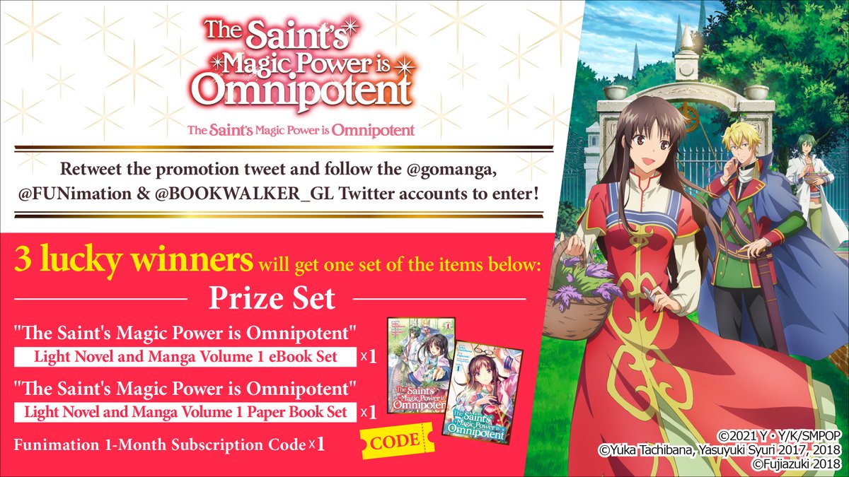 BOOKWALKER_GL's tweet photo. 3 winners will get one set of The Saint's Magic Power is Omnipotent  paper &amp; eBooks + 1 Month of Funimation Subscription.

How to enter:
1) Follow @FUNimation , @gomanga &amp; @BOOKWALKER_GL
2) Retweet this Tweet

Enter by June 17th 2021 PT!

Details Here: https://t.co/bmnnoWWWIx https://t.co/LIjKfBe32N