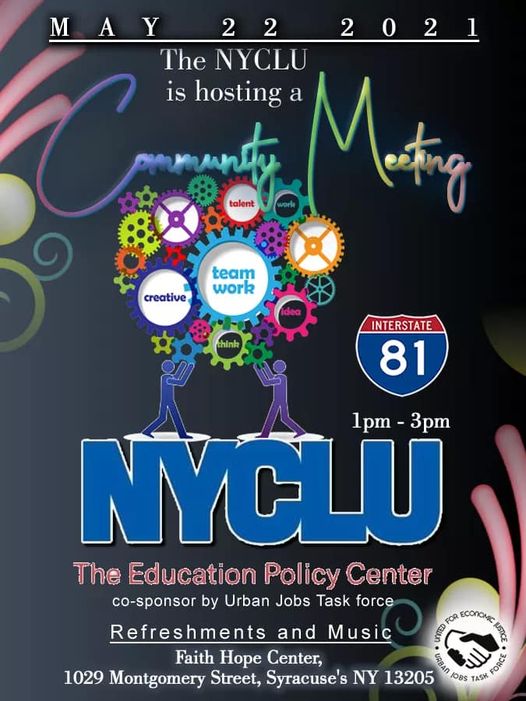 PeaceIncSyr's tweet photo. The @NYCLU is hosting a Community Meeting to discuss I-81, cosponsored by @UJTFsyracuse. The event will start at 1pm on Saturday, May 22nd, at Faith Hope Center, 1029 Montgomery Street, Syracuse NY 13205.
#Interstate81 #Syracuse https://t.co/6McUxZ0auf