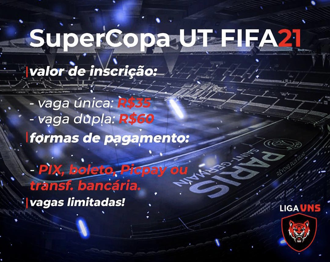 LigaVns20's tweet photo. SuperCopa UT FIFA 21 (LIGAVNS)

Plataforma: PS4

Premiações:
1º Lugar - R$1000,00
2º Lugar - R$300,00
3º Lugar - R$200,00
4º Lugar - R$35,00

Inscrição: 
Única - R$35,00
Dupla - R$60,00

Formato do campeonato:
•Times do UT
•Fase de Grupos + Mata Mata (ida e volta)

 +10 Vagas! https://t.co/qJII4JpKBI