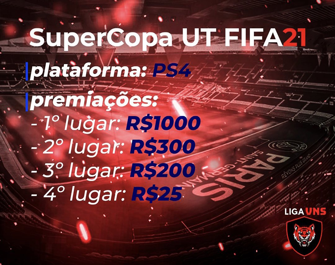 LigaVns20's tweet photo. SuperCopa UT FIFA 21 (LIGAVNS)

Plataforma: PS4

Premiações:
1º Lugar - R$1000,00
2º Lugar - R$300,00
3º Lugar - R$200,00
4º Lugar - R$35,00

Inscrição: 
Única - R$35,00
Dupla - R$60,00

Formato do campeonato:
•Times do UT
•Fase de Grupos + Mata Mata (ida e volta)

 +10 Vagas! https://t.co/qJII4JpKBI