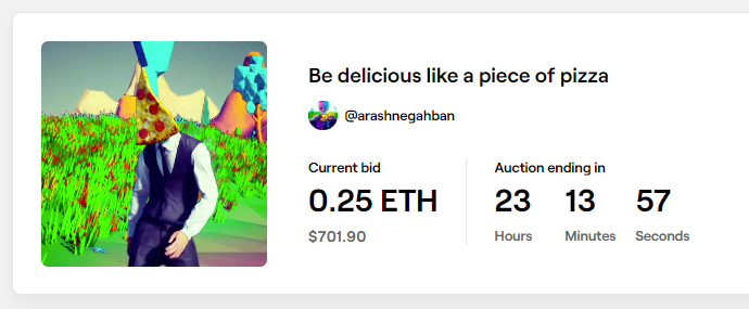 Happened!!🍕🍕
Thanks to <a href="/Hypnotherapiz/">HypnoPizza</a>  for the first BID🍕🍕
It started 24 hours
Who wants a slice of this pizza?🍕🍕🍕🍕🍕🍕🍕

foundation.app/ArashNegahban/…

#NFT #NFTs #NFTCommunity #nftcollector #NFTpizza