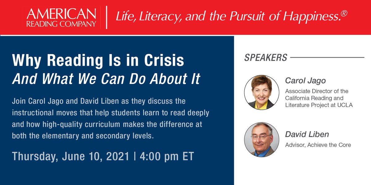 AmericanReading's tweet image. Another excellent webinar in the books!

@CarolJago &amp;amp; @LibenDavid join us in June for our next conversation! We hope you will, too!

#ARCLearns

Register here👉🏾bit.ly/3v69Unf