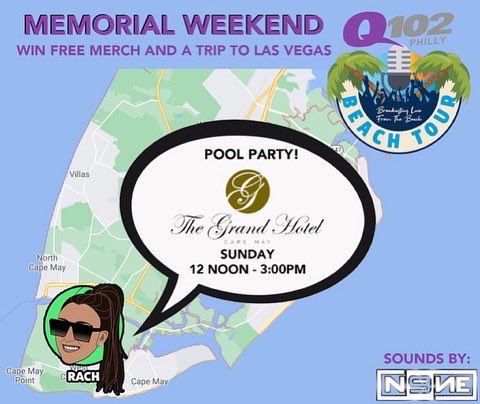 #Q102BeachTour MDW in WILDWOOD &amp; CAPE MAY win merch &amp; a trip to Las Vegas

5/28:
Meet <a href="/rach_ontheradio/">Rachel Marie</a> at the <a href="/acmemarkets/">Acme Markets</a> on Park BLVD at 11am 

Then <a href="/fmbuster/">BUSTERdelphia</a> &amp; <a href="/officialnicooso/">NICO OSO</a> at <a href="/mudhenbrew/">MudHen Brewing Company</a> at 3pm
5/30:
POOL PARTY with <a href="/rach_ontheradio/">Rachel Marie</a> &amp; <a href="/djn9ne/">DJ N9NE</a> at <a href="/GrandHotelCMNJ/">The Grand Hotel CMNJ</a> at 12pm