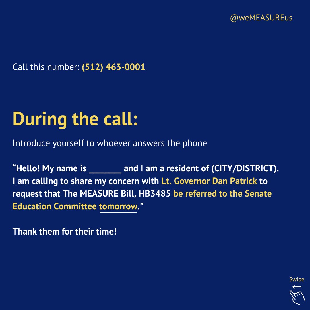 wemeasureus's tweet photo. 🚨Call To Action 🚨Please call Lt. Governor Dan Patrick's office urging HB 3485 to be referred to the committee TODAY! Call 512-463-0001 &amp; ask for Darrell Davila. Tell him you support Rep Goodwin &amp; Senator West on HB 3485 &amp; it deserves to be heard before the Senate committee! https://t.co/25QeOpEJRm