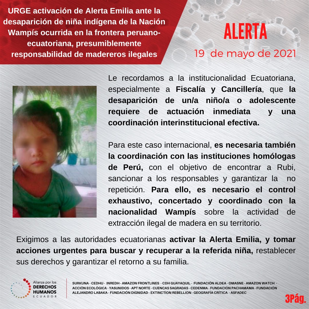sybelmartinez's tweet photo. Rubí, niña indígena de la Nación Wampis, desapareció el 4 de mayo en la frontera peruano-ecuatoriana. @DDHH_Alianza demanda un trabajo articulado, en especial, entre @CancilleriaEc @FiscaliaEcuador @PoliciaEcuador para encontrar a la niña. Nos sumamos. ¡Activen la @alertaemilia! https://t.co/AlwRmwwHxl