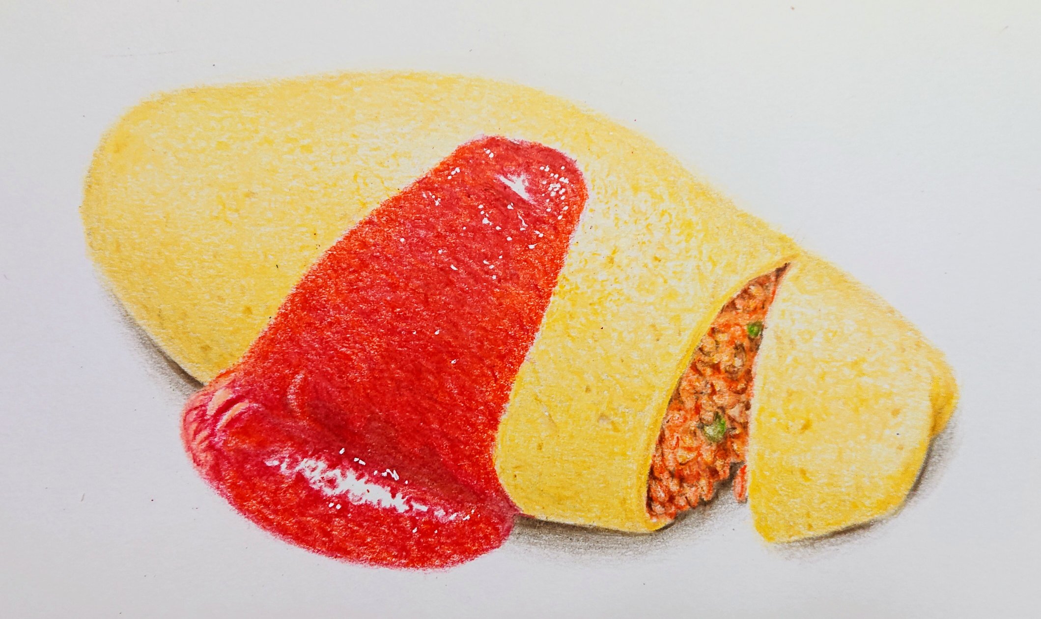 雨色 色鉛筆で描いたオムライスです オムレツと区別がつきにくいので ちょっと割ってみました 色鉛筆画 イラスト 食べ物イラスト オムライス T Co Amfd25geg5 Twitter