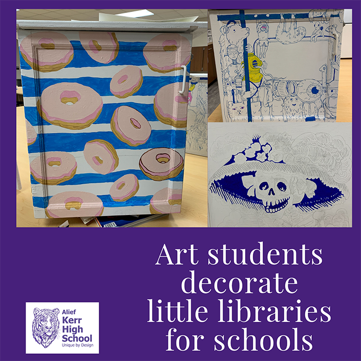 AliefKerr's tweet photo. Taking inspiration from famous works, Ms. Kasmarek's art students decorate little free libraries, made by CTE Architecture & Construction classes, for installation on other campuses. #AliefArtsMatter #connectcreateinnovate #workinprogress @AliefISD @AliefCTE @aliefFineArts https://t.co/locWXFf1TQ